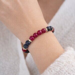 Handmade Bold Red and Black Beaded Stretch Bracelet with Gold Rhinestone Spacers